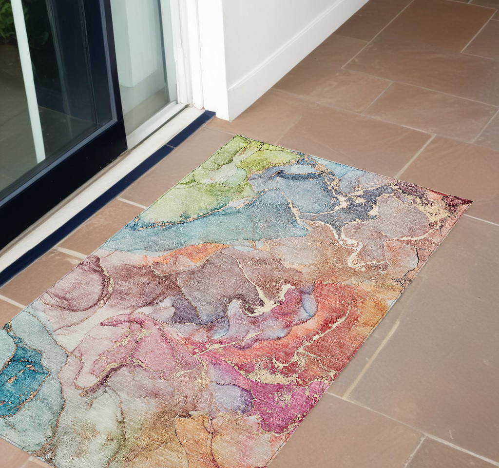 Blue Abstract Washable Non-Skid Area Rug - 3 x 5 ft. - Stain Resistant