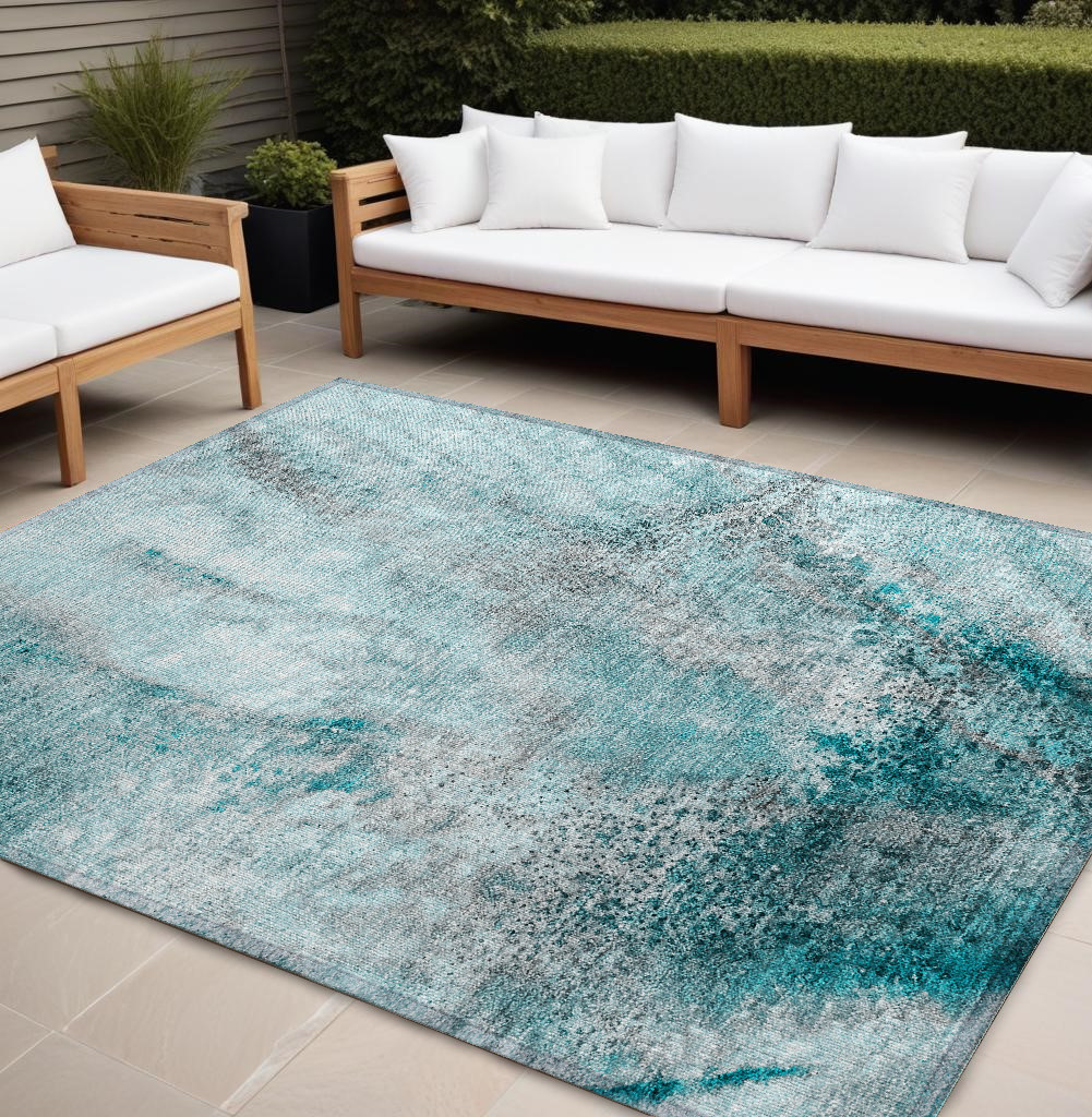 559621 10 x 14 ft. Gray & Ivory Abstract Washable Non Skid Indoor Outdoor Rectangle Machine Woven Area Rug