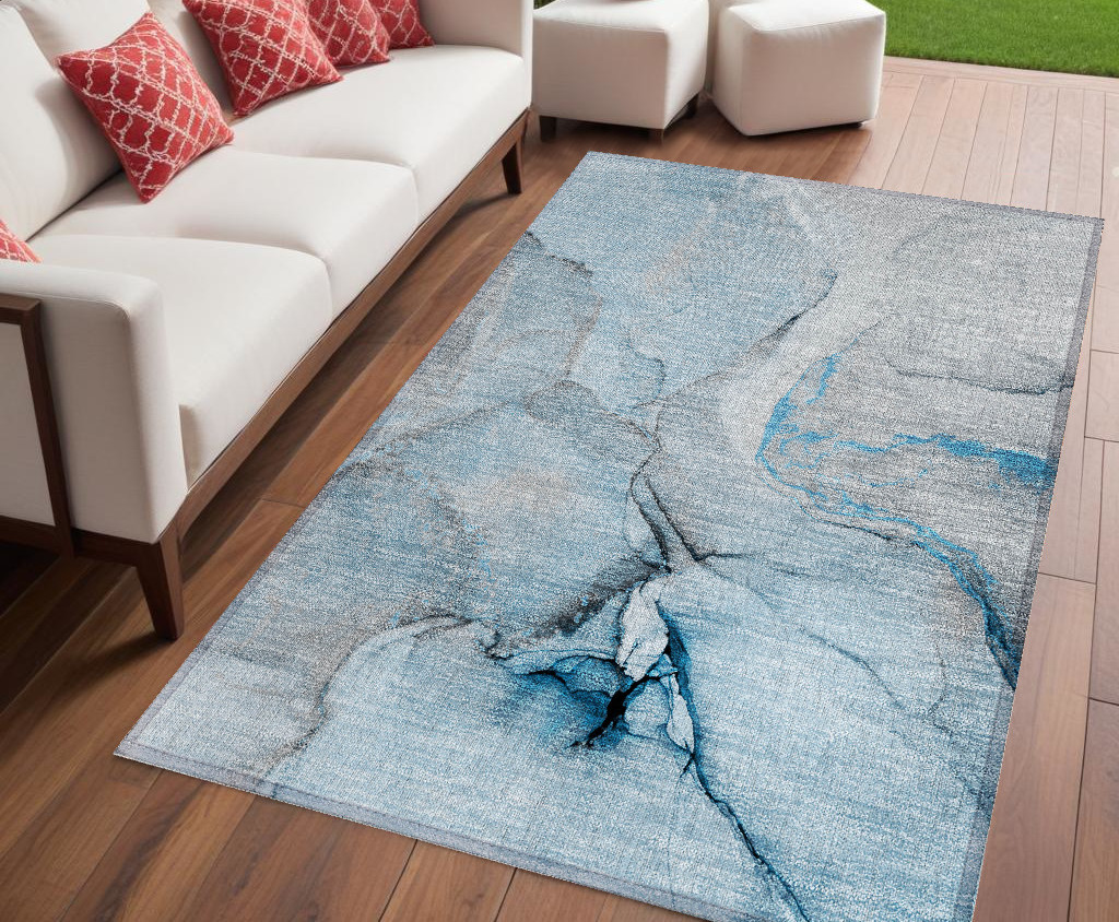 559680 5 x 8 ft. Blue & Ivory Abstract Washable Non Skid Indoor Outdoor Rectangle Machine Woven Area Rug