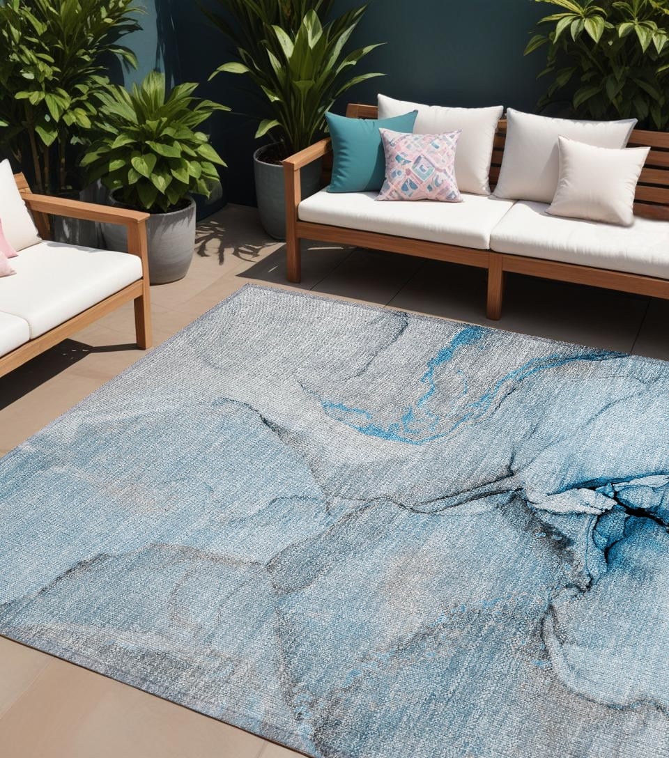559683 9 x 12 ft. Blue & Ivory Abstract Washable Non Skid Indoor Outdoor Rectangle Machine Woven Area Rug