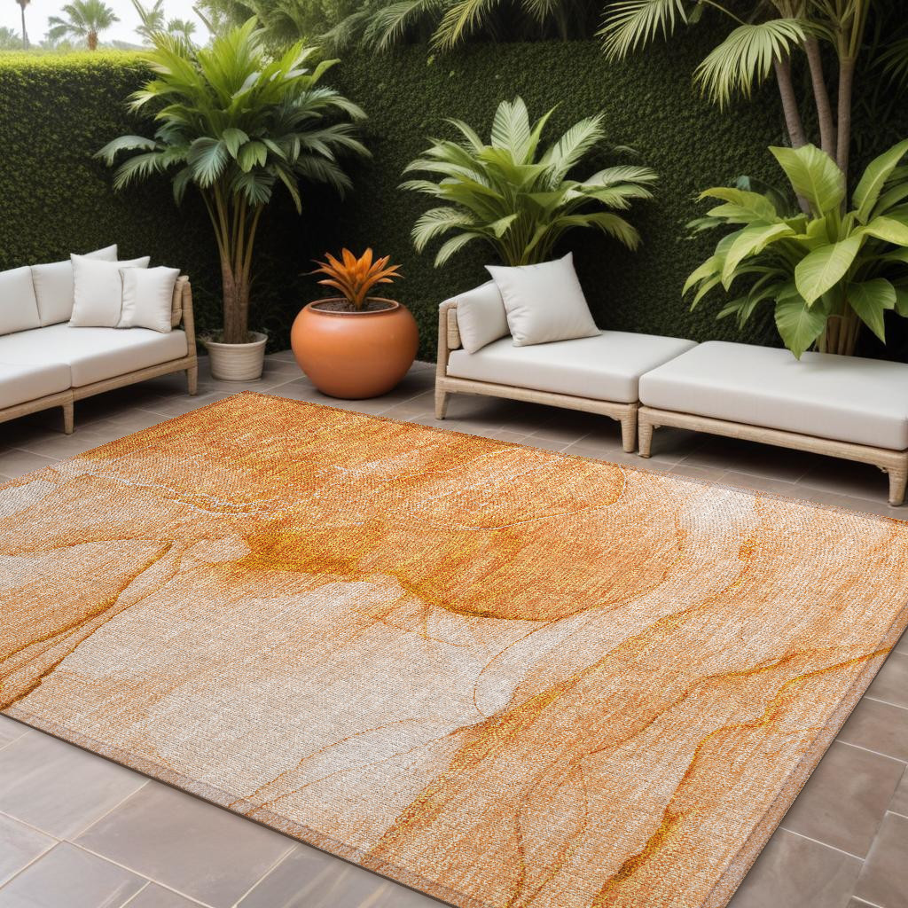559756 10 x 14 ft. Orange Abstract Washable Non Skid Indoor Outdoor Rectangle Machine Woven Area Rug