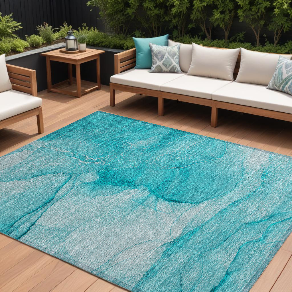 559783 10 x 14 ft. Teal Abstract Washable Non Skid Indoor Outdoor Rectangle Machine Woven Area Rug