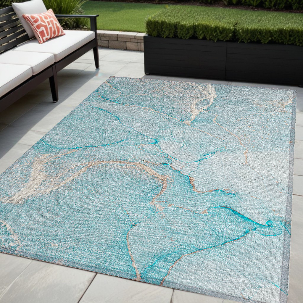Teal Abstract Washable Area Rug - 5 x 8 ft - Non-Skid - Stain Resistant