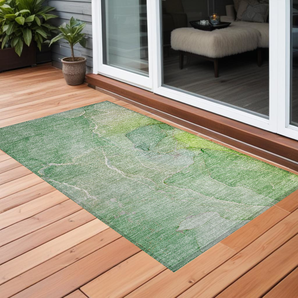 Green Abstract Washable Non-Skid Area Rug - 3 x 5 ft - Machine Woven - Stain Resistant