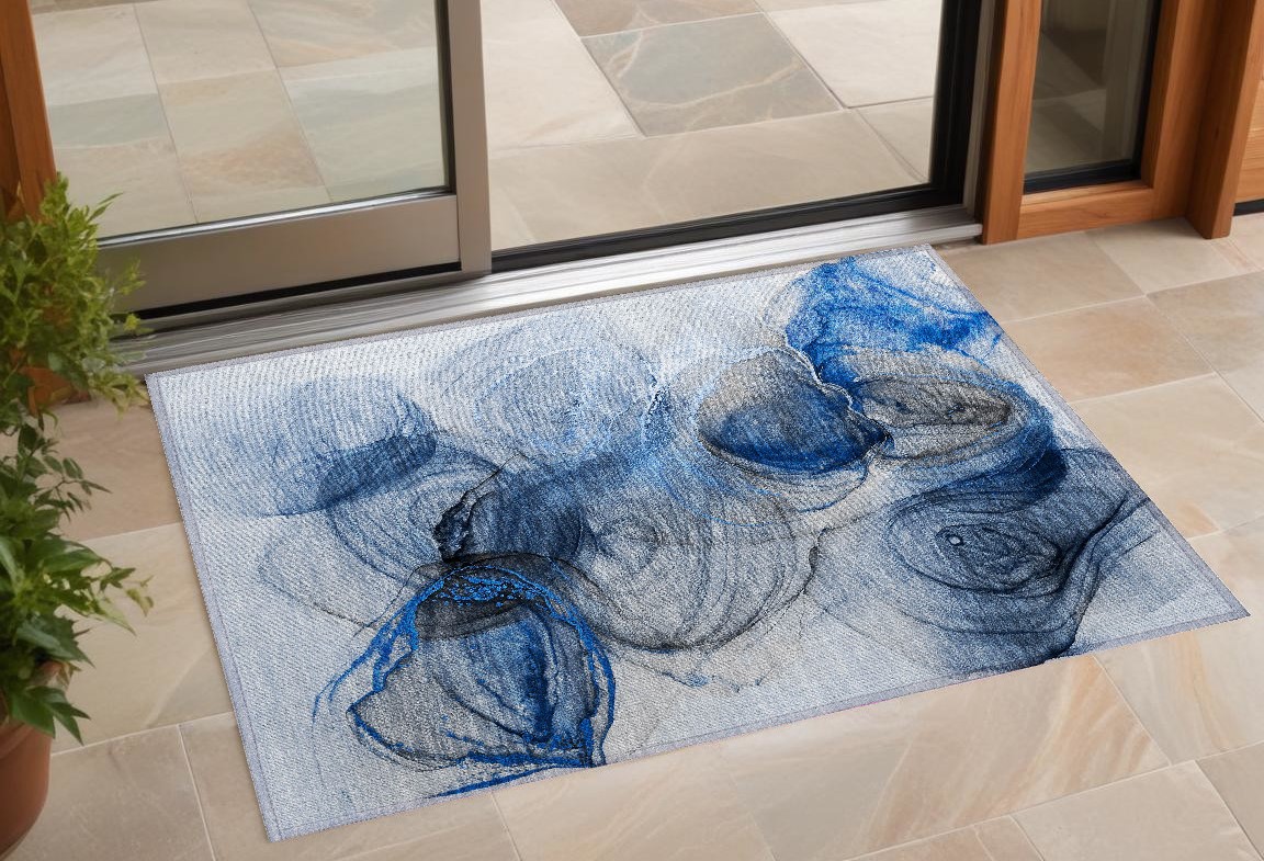 Abstract Washable Area Rug - Ivory Blue & Gray - 3 x 5 ft - Stain Resistant