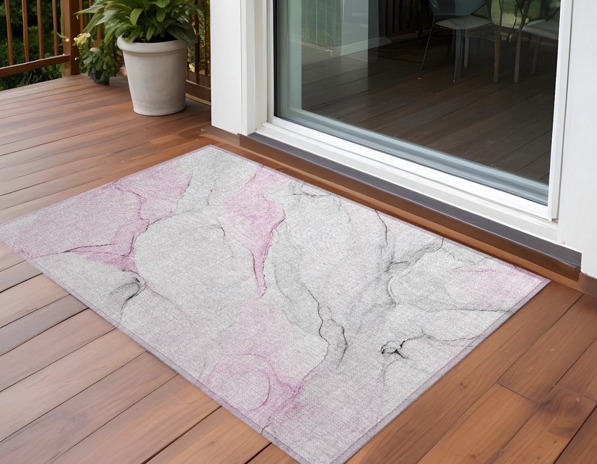 560187 3 x 5 ft. Gray & Pink Abstract Washable Non Skid Indoor Outdoor Rectangle Machine Woven Area Rug