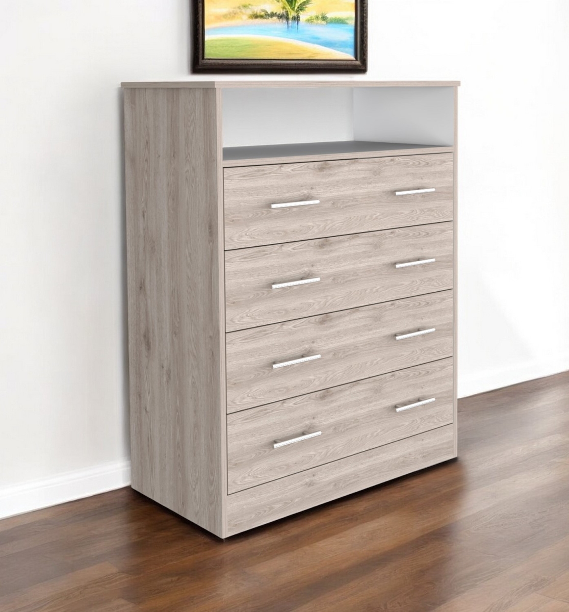 544026 33 in. Light Gray Four Drawer Standard Chest with Open Shelf