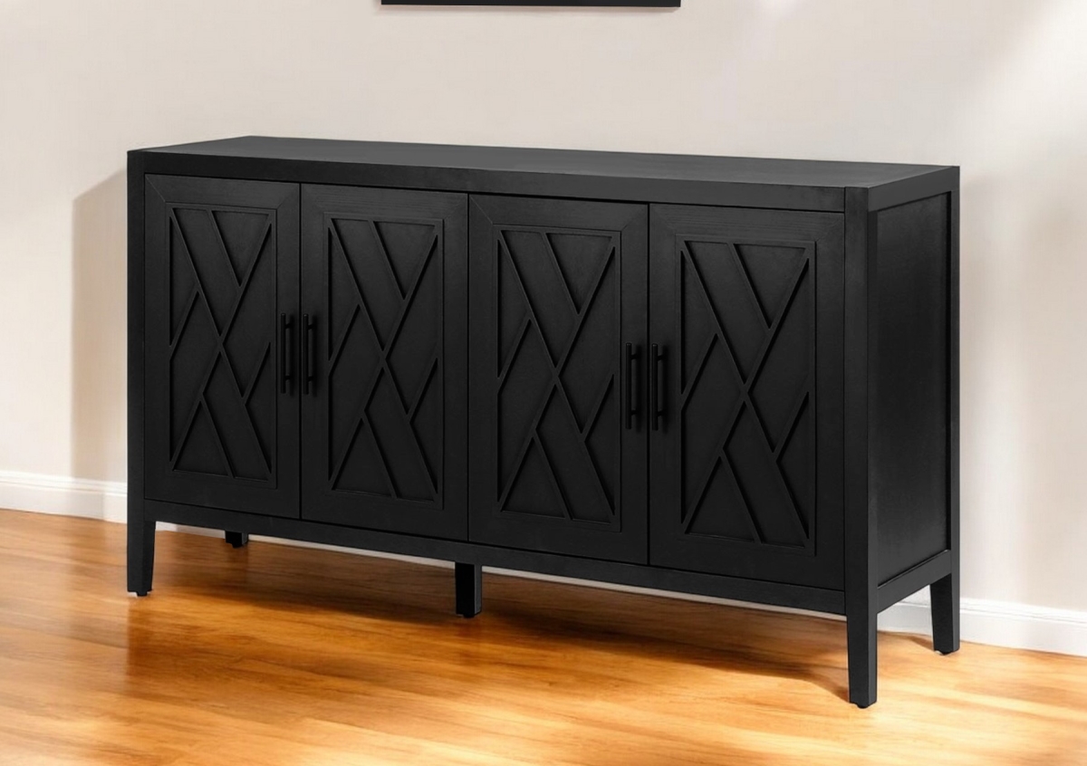 568407 60 in. Black Distressed Wood Carved Geometric Sideboard with Four Doors
