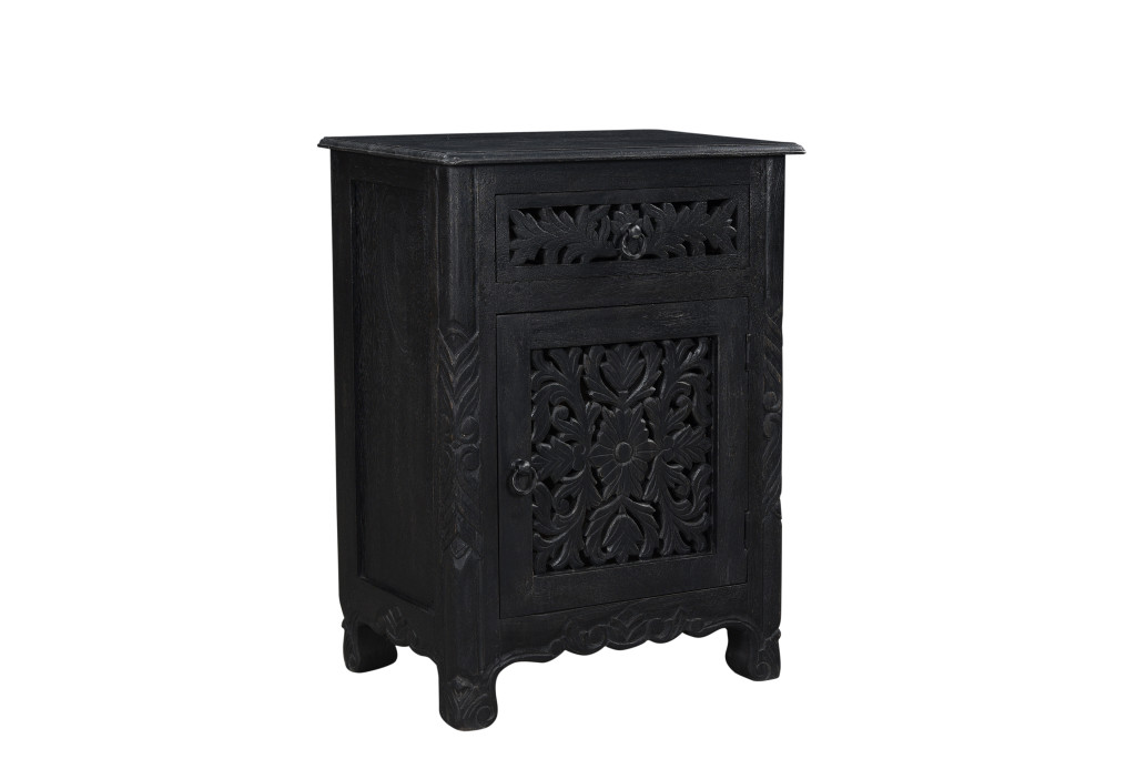 521200 30 in. Distressed Black One Drawer Carved Floral Solid Wood Nightstand