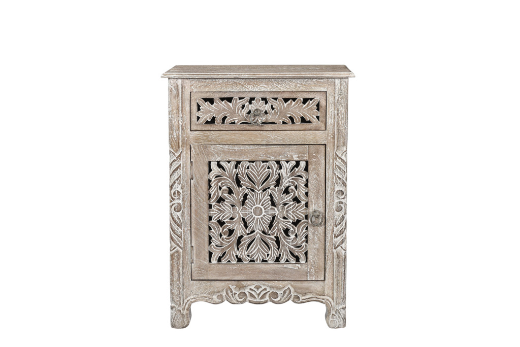 521201 30 in. Distressed Gray One Drawer Carved Floral Solid Wood Nightstand