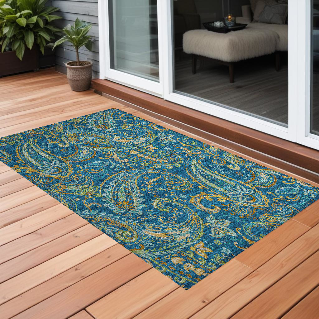 Navy Blue Paisley 2x3 ft. Washable Non-Skid Area Rug - Stain Resistant