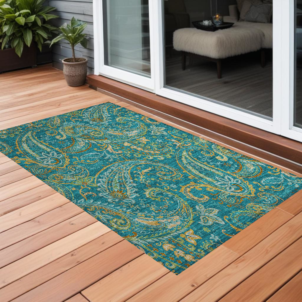 Teal Paisley 2x3 ft. Washable Non-Skid Area Rug - Stain Resistant