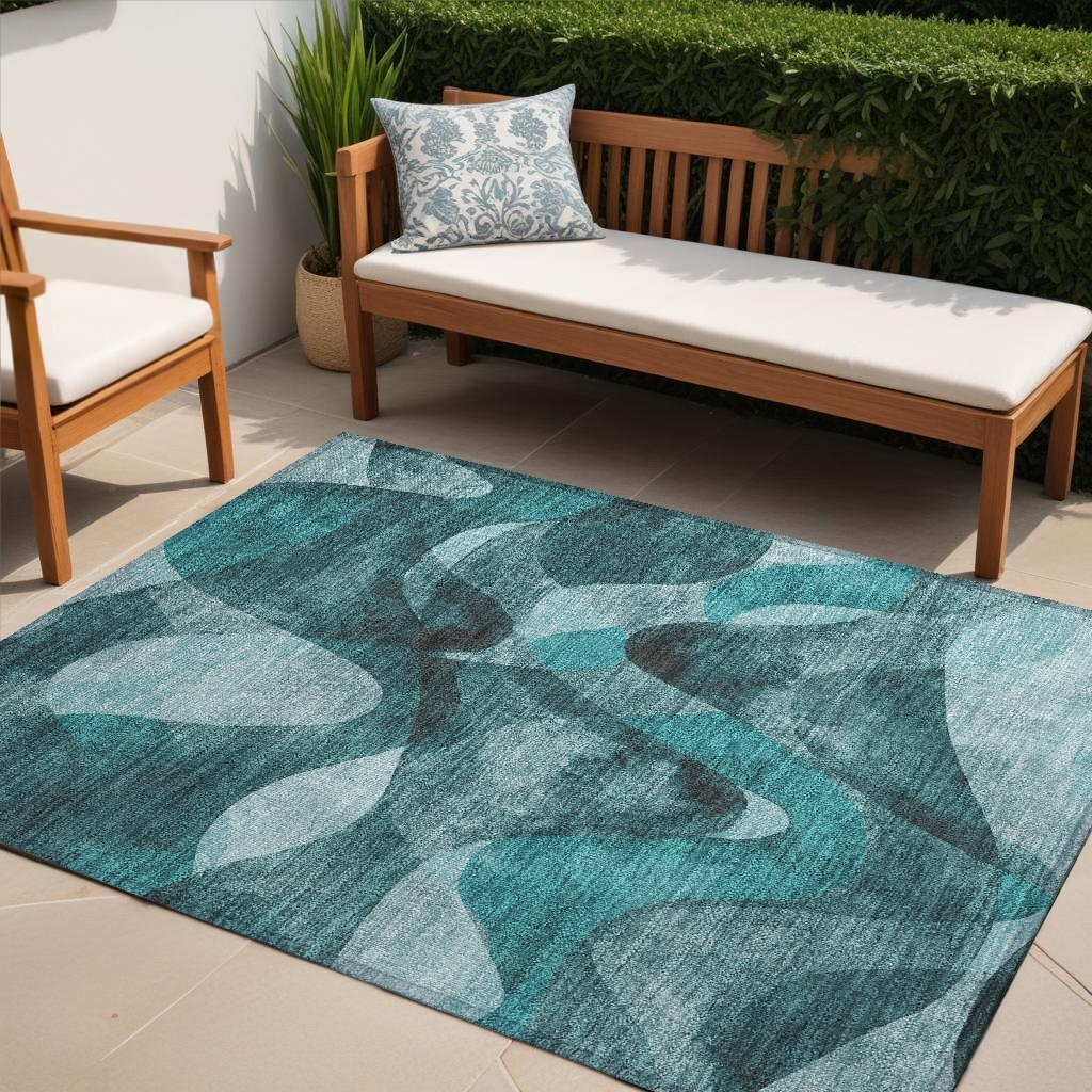 561628 5 x 8 ft. Teal Abstract Washable Non Skid Indoor Outdoor Rectangle Machine Woven Area Rug