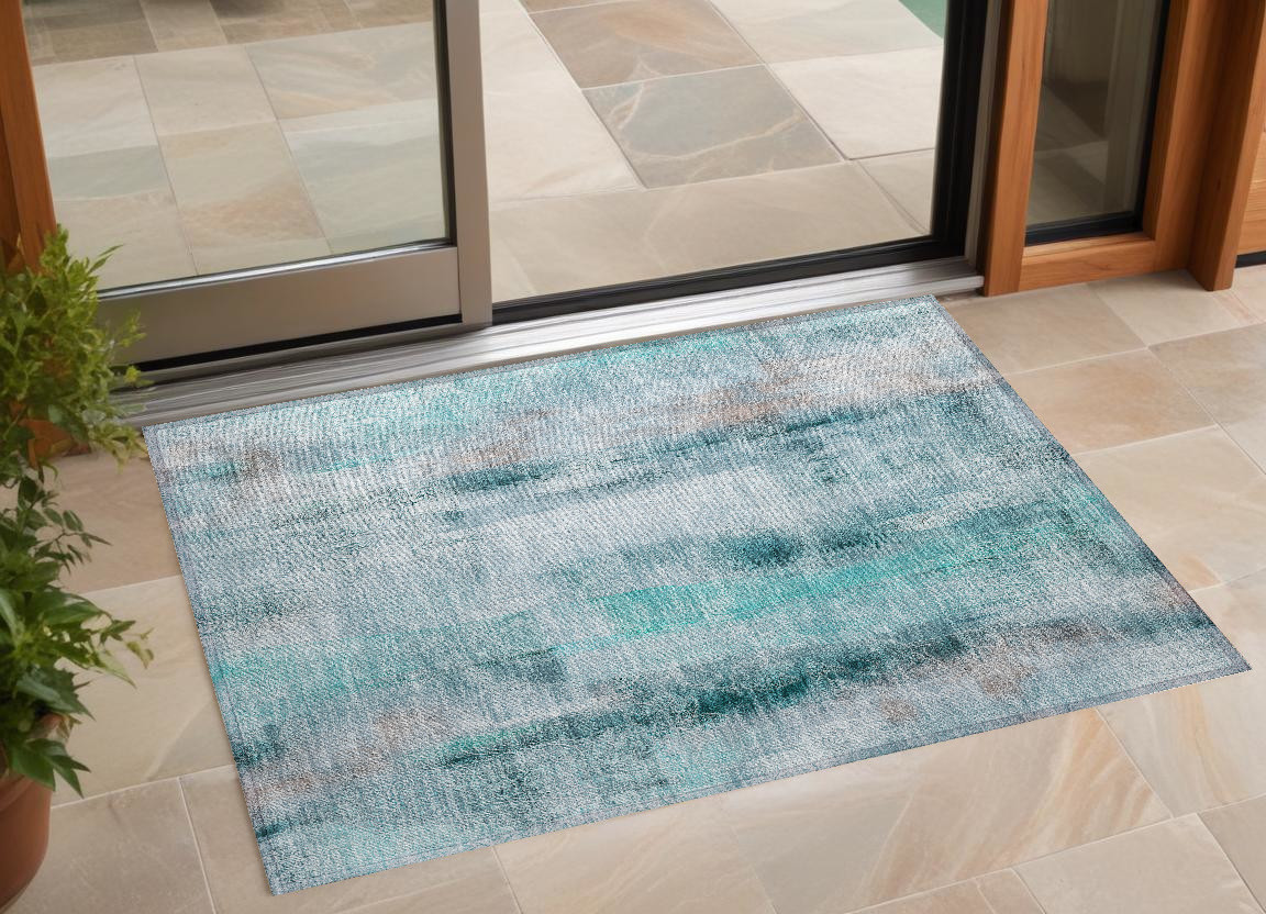 561687 2 x 3 ft. Teal Washable Non Skid Indoor Outdoor Rectangle Machine Woven Area Rug