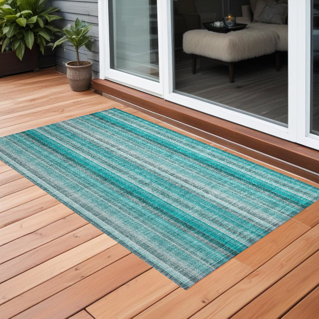 562095 3 x 5 ft. Teal & Gray Striped Washable Non Skid Indoor Outdoor Rectangle Machine Woven Area Rug