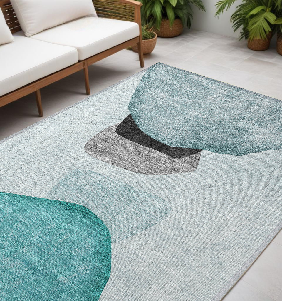 Abstract Washable Area Rug - Ivory Teal & Gray - 5 x 8 ft - Stain Resistant