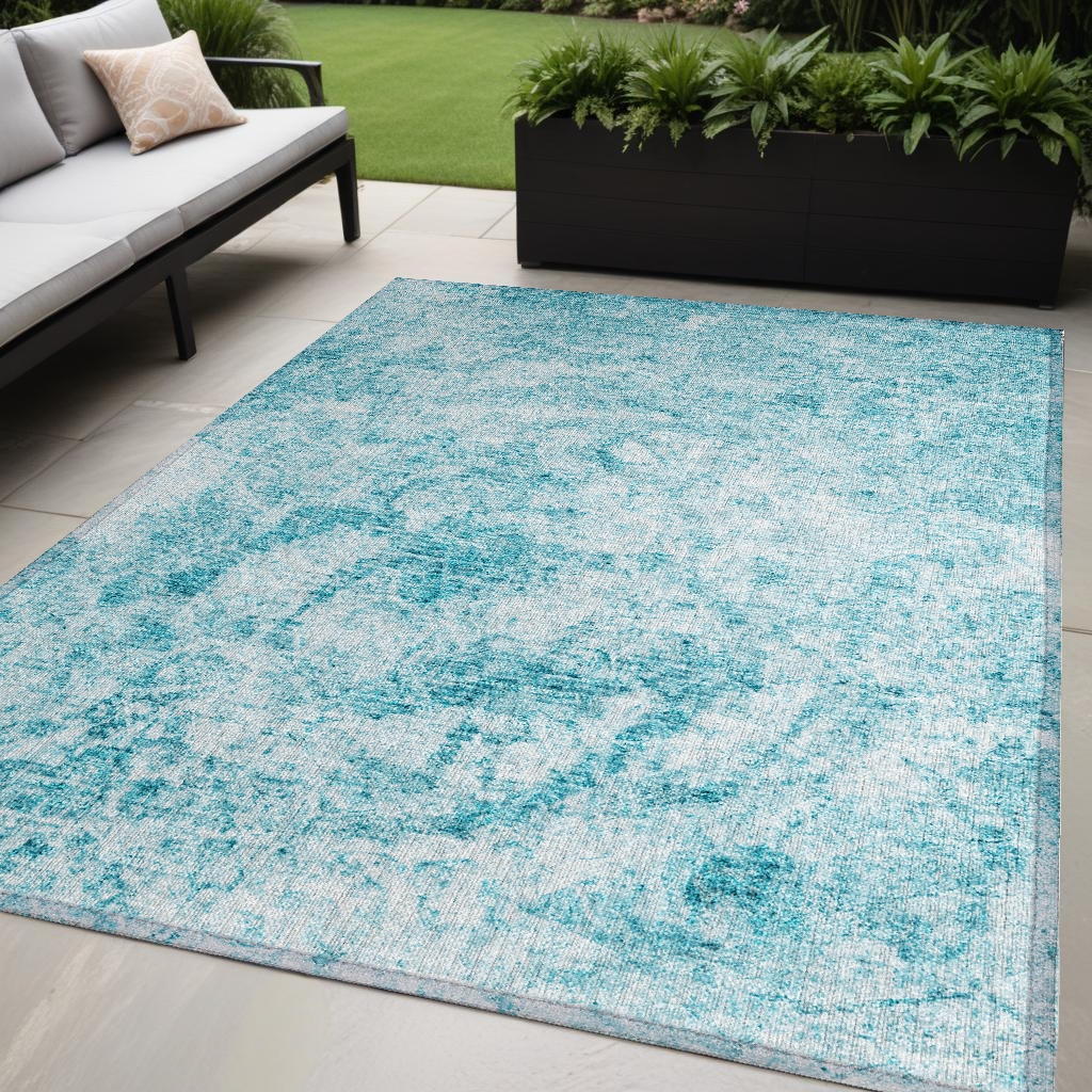 562672 5 x 8 ft. Teal Abstract Washable Non Skid Indoor Outdoor Rectangle Machine Woven Area Rug