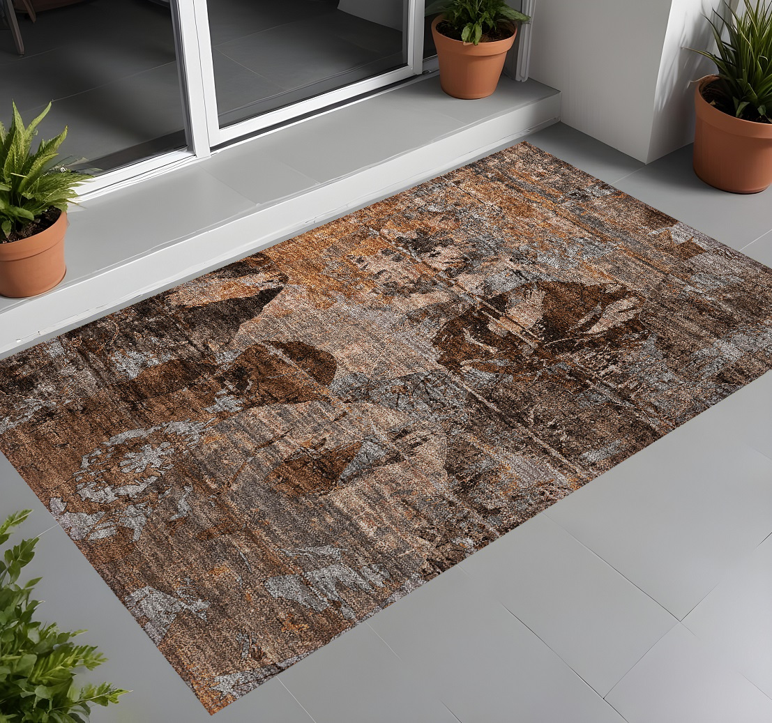 562806 3 x 5 ft. Brown Terracotta & Gray Floral Washable Non Skid Indoor Outdoor Rectangle Machine Woven Area Rug