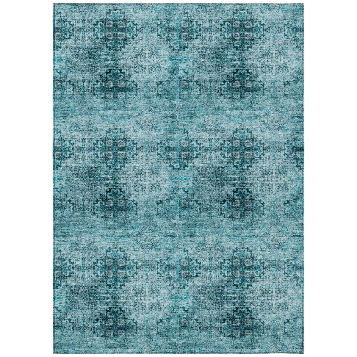 563001 3 x 5 ft. Teal Floral Medallion Washable Non Skid Indoor Outdoor Rectangle Machine Woven Area Rug