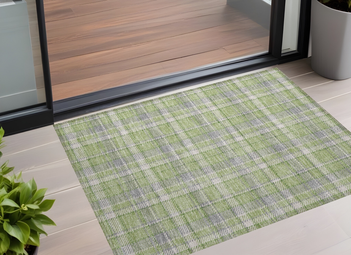 Green & Gray Plaid Washable Area Rug - 3 x 5 ft - Stain Resistant & Non-Skid