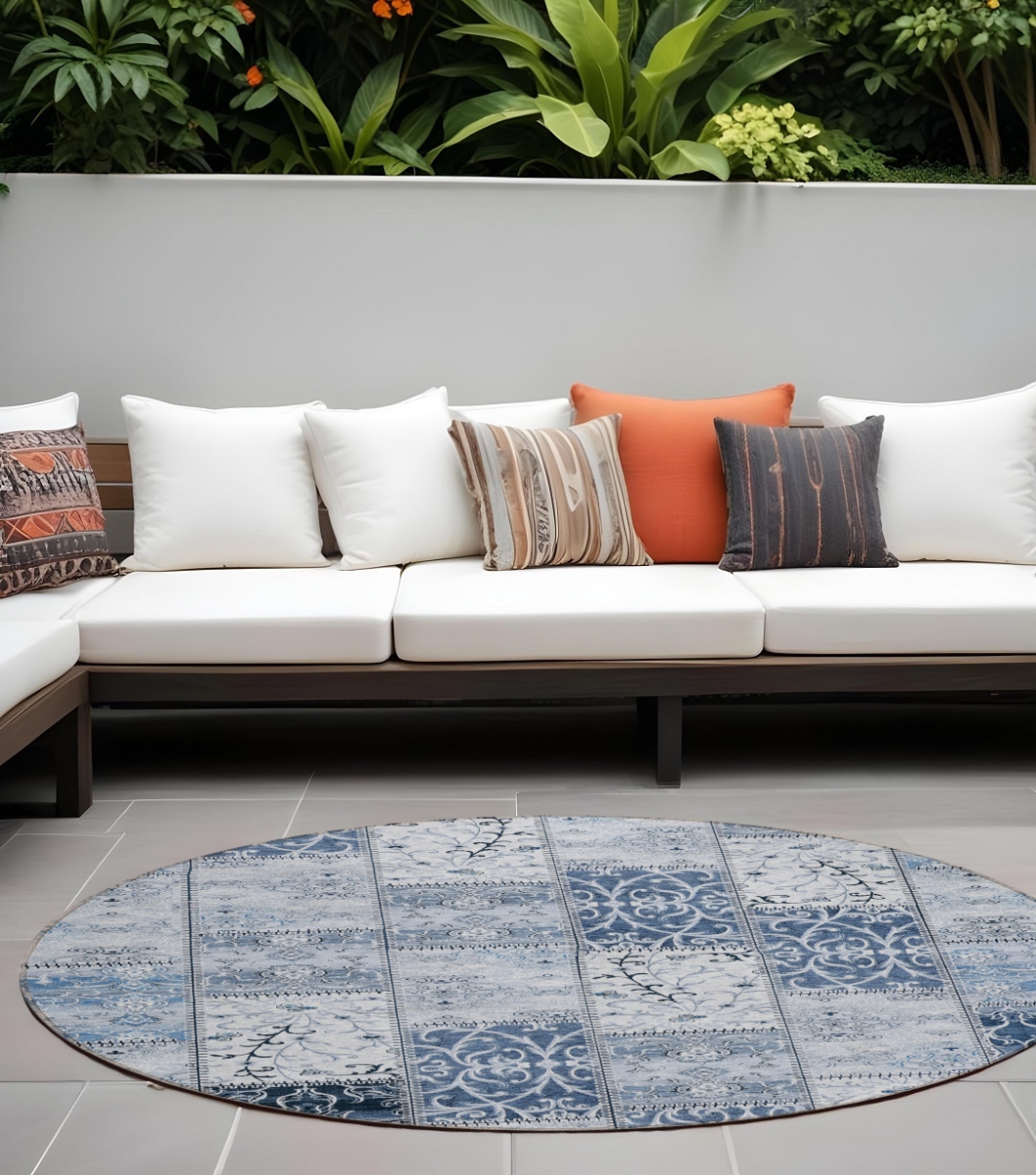 563543 8 ft. Round Denim Blue Round Patchwork Washable Non Skid Indoor Outdoor Machine Woven Area Rug