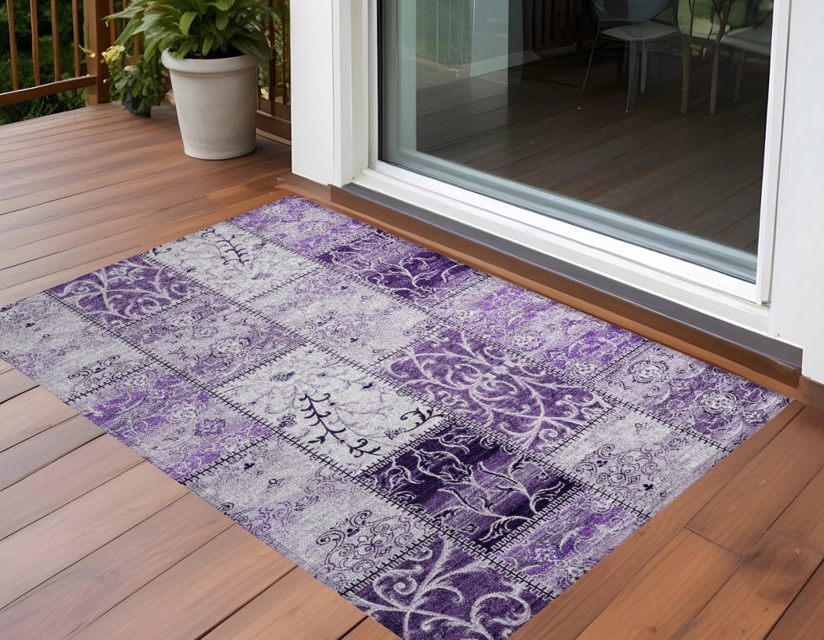 Purple Patchwork Washable Area Rug - 3 x 5 ft. - Stain Resistant & Non-Skid