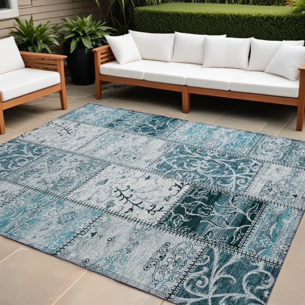 563591 10 x 14 ft. Teal Patchwork Washable Non Skid Indoor Outdoor Rectangle Machine Woven Area Rug
