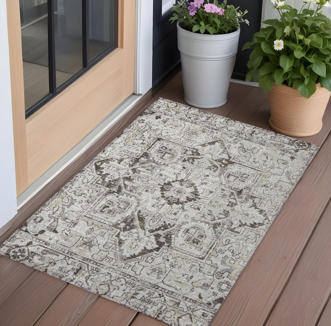 563766 3 x 5 ft. Ivory & Dark Brown Oriental Washable Non Skid Indoor Outdoor Rectangle Machine Woven Area Rug