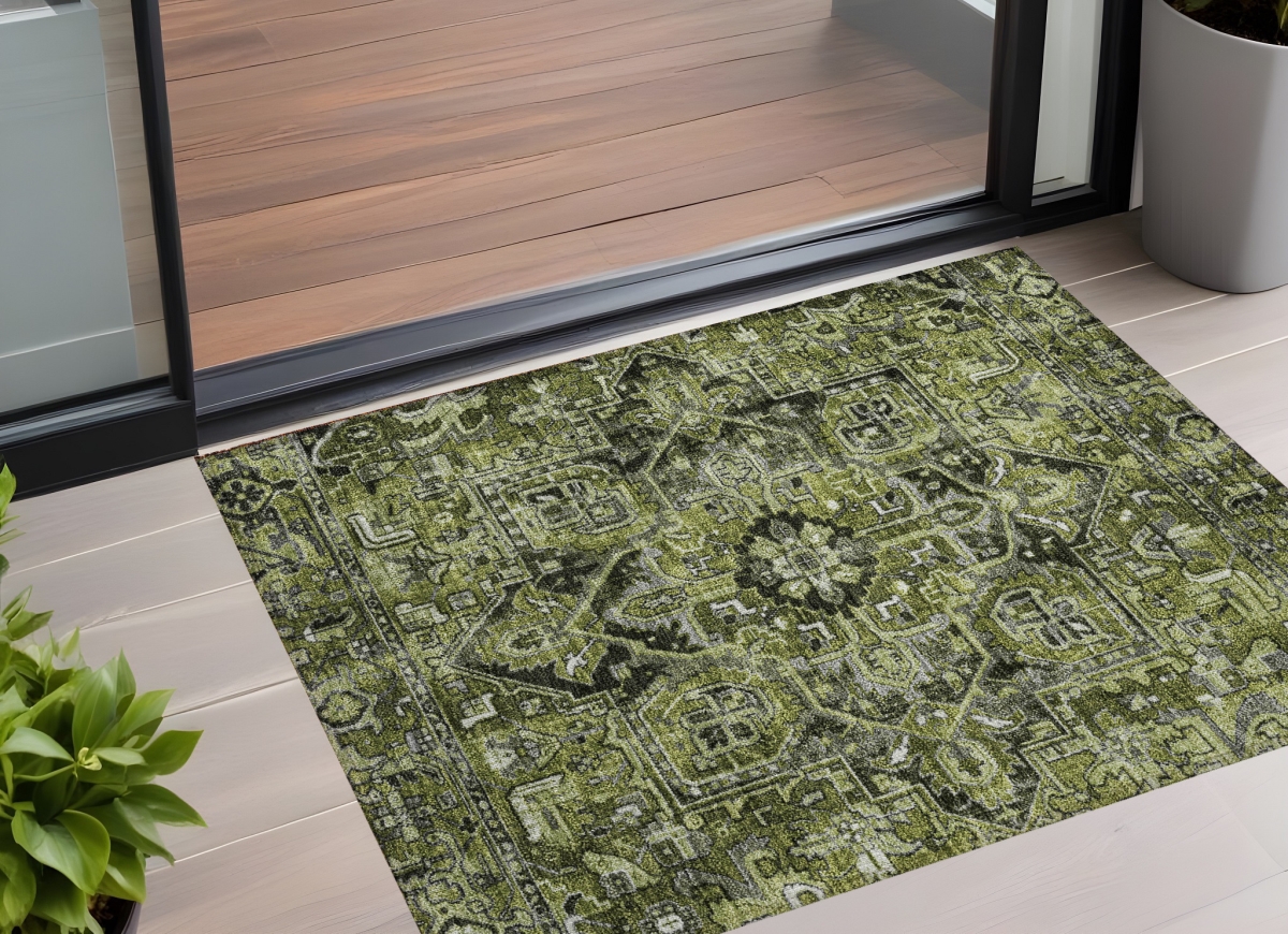 563775 3 x 5 ft. Olive Green & Dark Green Oriental Washable Non Skid Indoor Outdoor Rectangle Machine Woven Area Rug