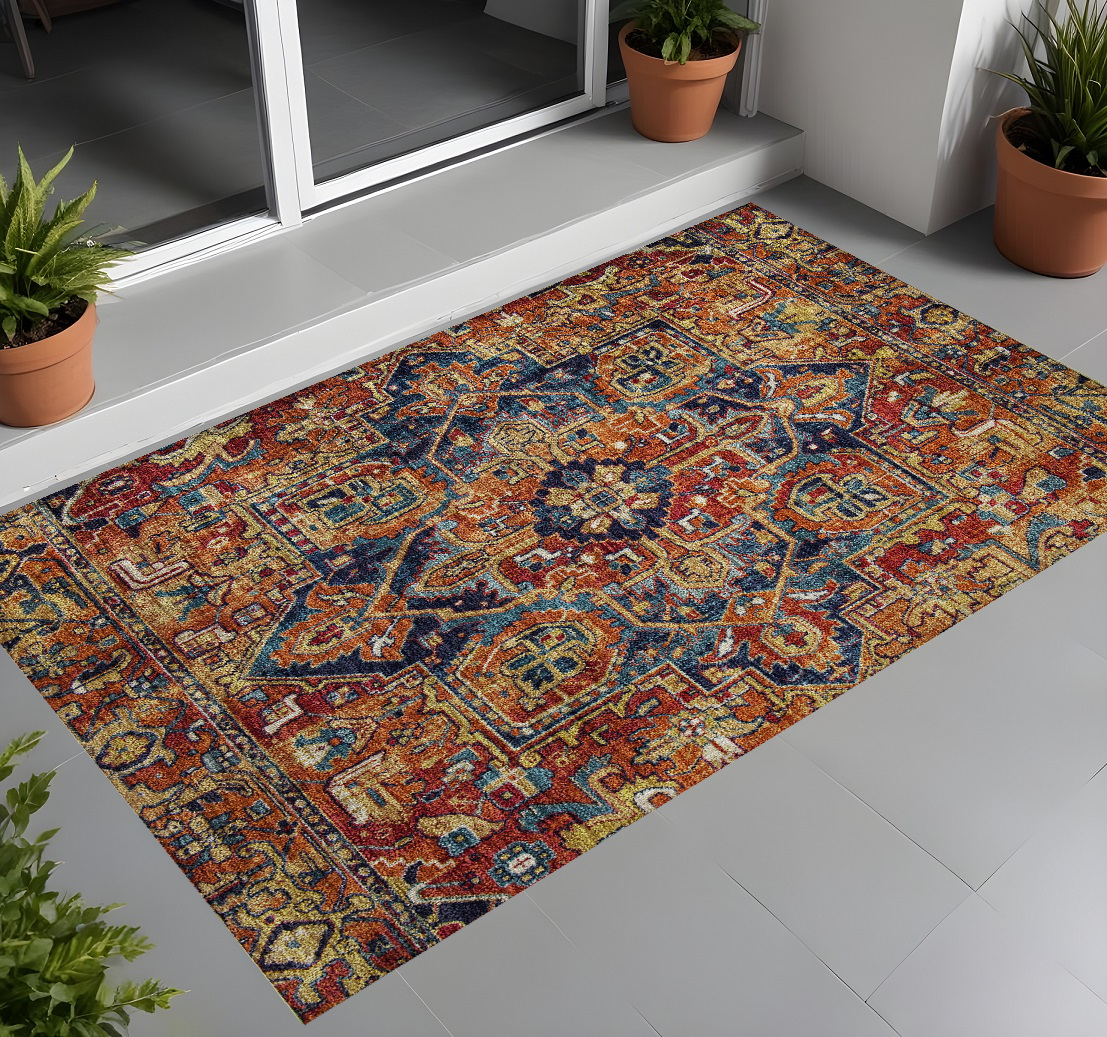 563784 3 x 5 ft. Red Orange & Blue Oriental Washable Non Skid Indoor Outdoor Rectangle Machine Woven Area Rug