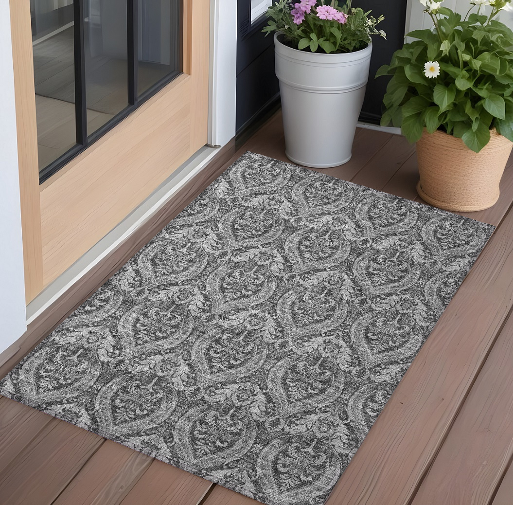 563871 2 x 3 ft. Gray Damask Washable Non Skid Indoor Outdoor Rectangle Machine Woven Area Rug