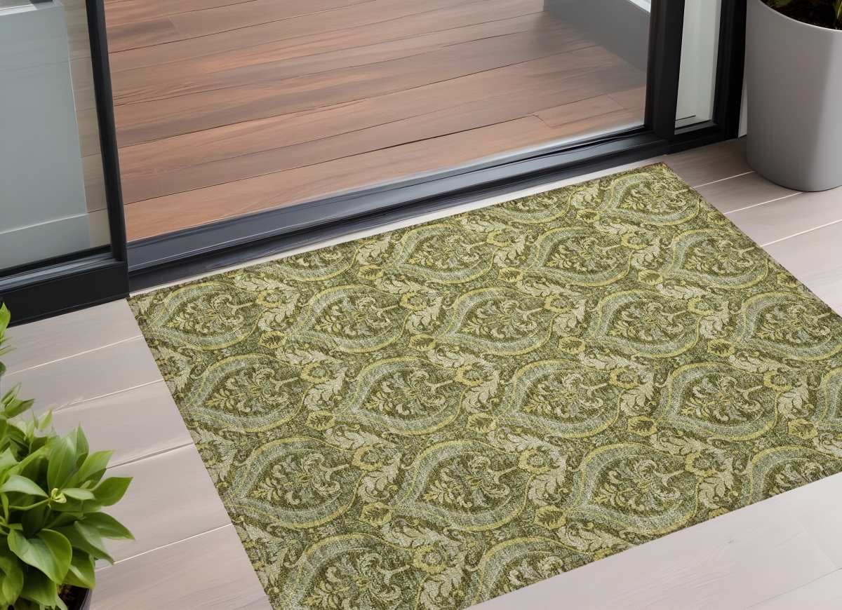 563880 2 x 3 ft. Green Damask Washable Non Skid Indoor Outdoor Rectangle Machine Woven Area Rug