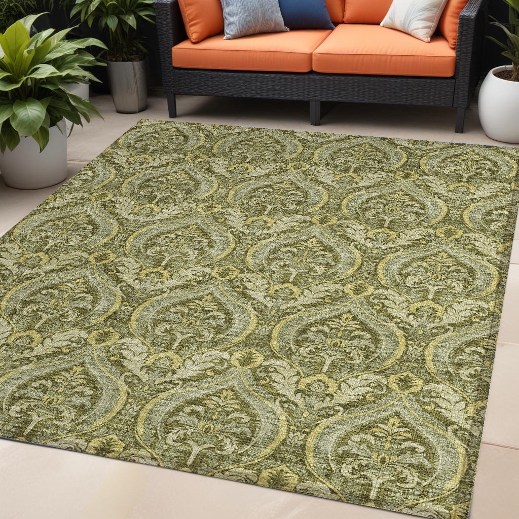 563884 5 x 8 ft. Green Damask Washable Non Skid Indoor Outdoor Rectangle Machine Woven Area Rug