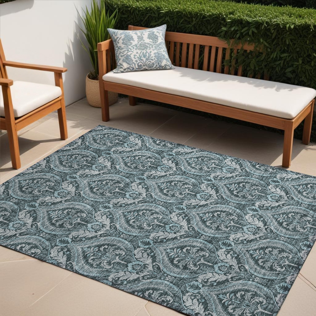 563902 5 x 8 ft. Teal Damask Washable Non Skid Indoor Outdoor Rectangle Machine Woven Area Rug