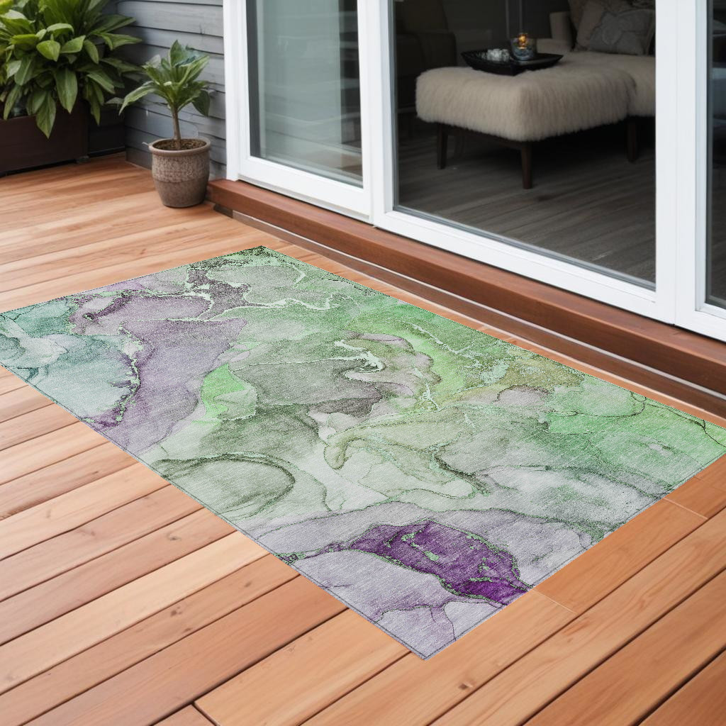 559180 3 x 5 ft. Green Abstract Washable Non Skid Indoor Outdoor Rectangle Machine Woven Area Rug