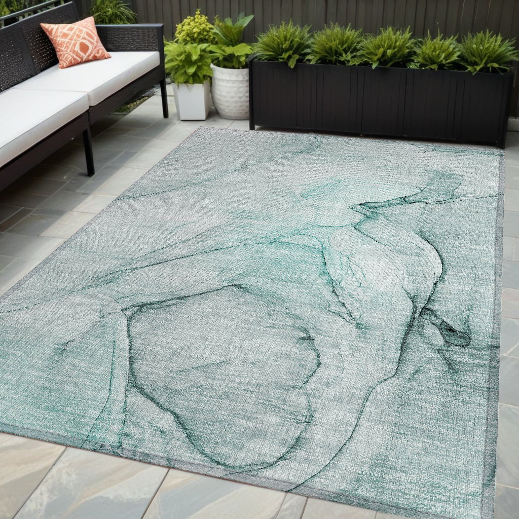 559419 5 x 8 ft. Teal Abstract Washable Non Skid Indoor Outdoor Rectangle Machine Woven Area Rug