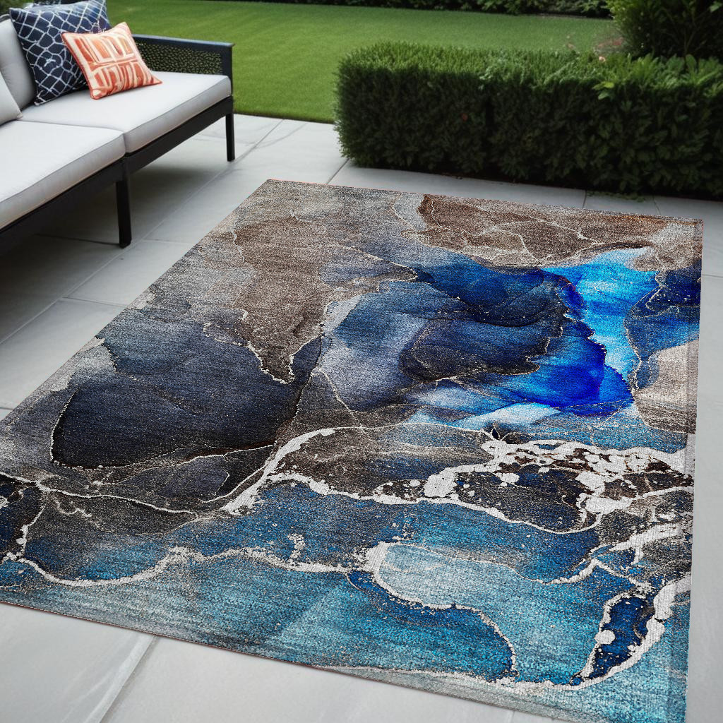 Blue Abstract Washable Area Rug - 5 x 8 ft - Rectangle - Stain Resistant