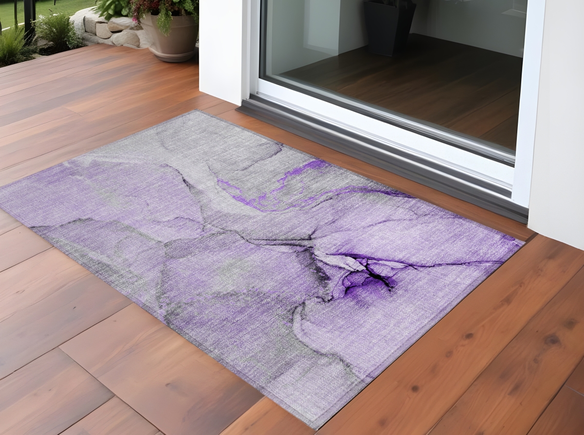 Purple & Ivory Abstract Washable Area Rug - 3 x 5 ft - Non-Skid Design