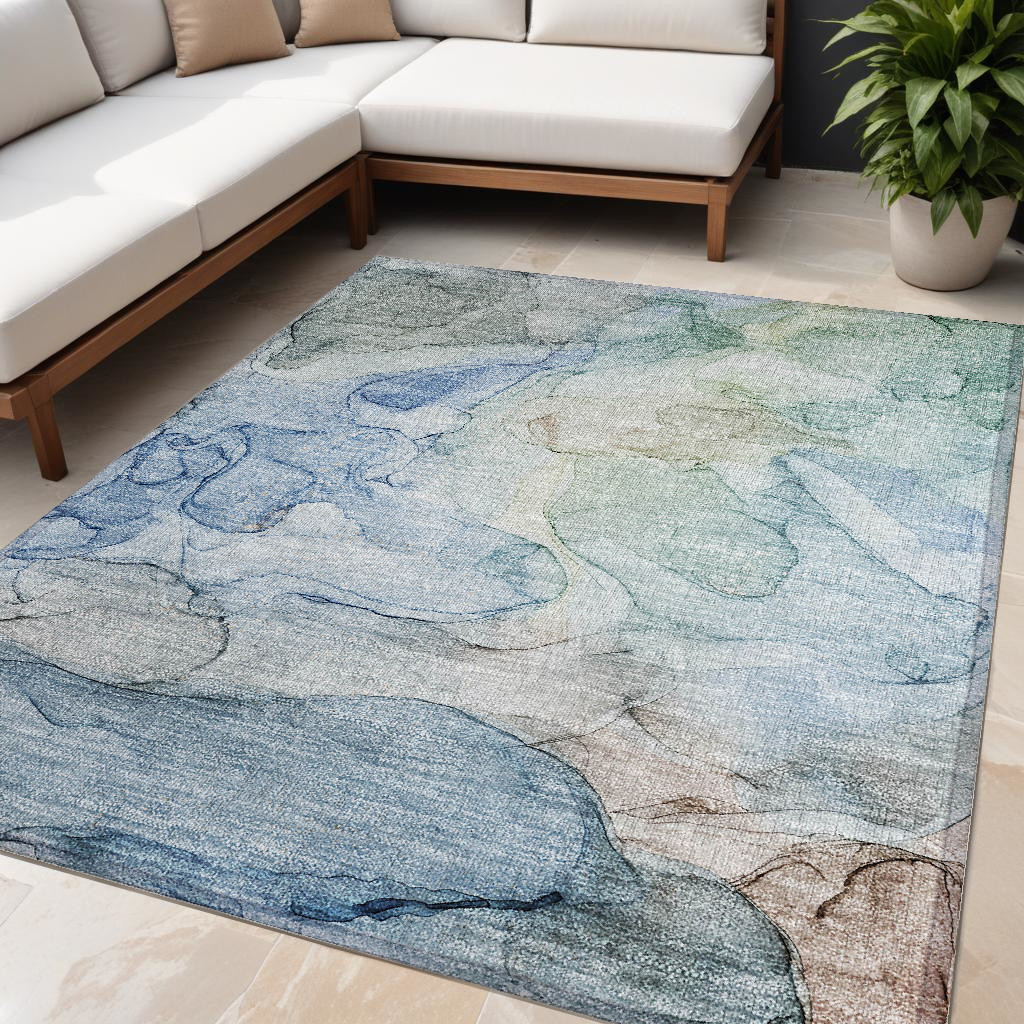 559960 5 x 8 ft. Blue Abstract Washable Non Skid Indoor Outdoor Rectangle Machine Woven Area Rug