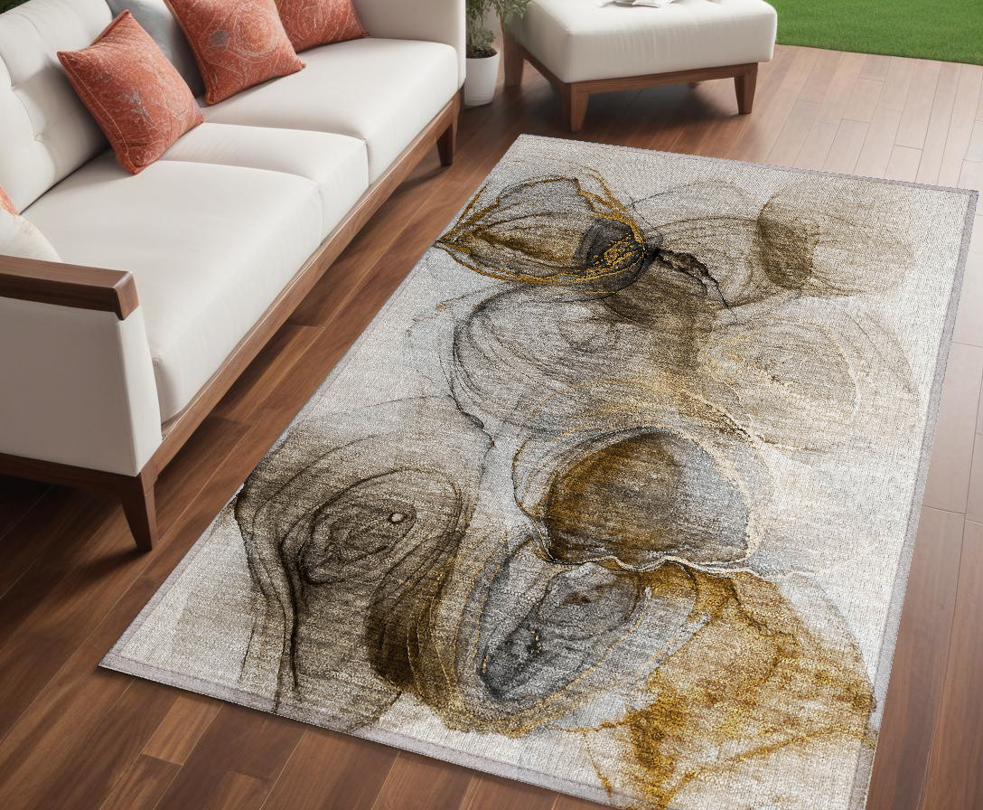 Brown Abstract Washable Area Rug - 5 x 8 ft - Non-Skid & Stain Resistant