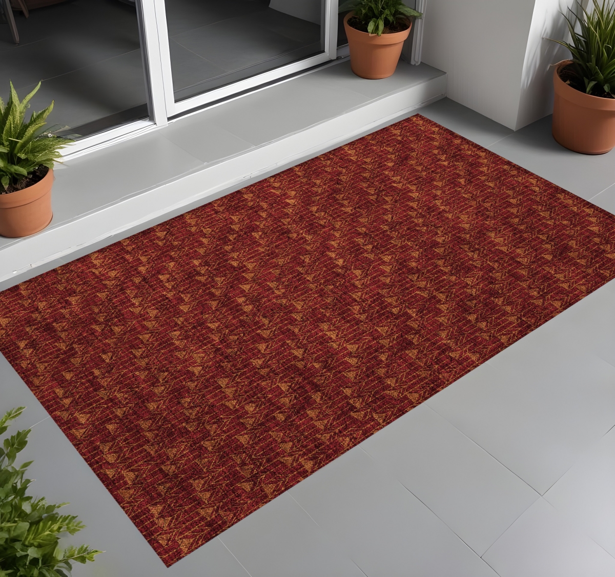 560067 3 x 5 ft. Burgundy Geometric Washable Non Skid Indoor Outdoor Rectangle Machine Woven Area Rug
