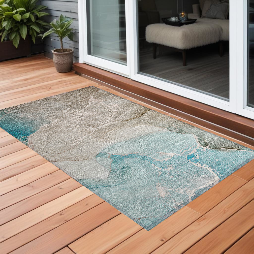 560277 3 x 5 ft. Teal Abstract Washable Non Skid Indoor Outdoor Rectangle Machine Woven Area Rug