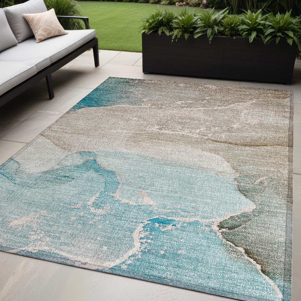 Teal Abstract Washable Area Rug - 5 x 8 ft - Non-Skid - Stain Resistant
