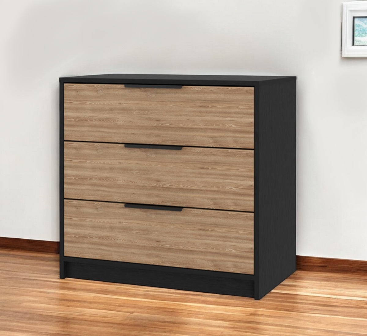 544005 28 in. Natural & Black Three Drawer Dresser