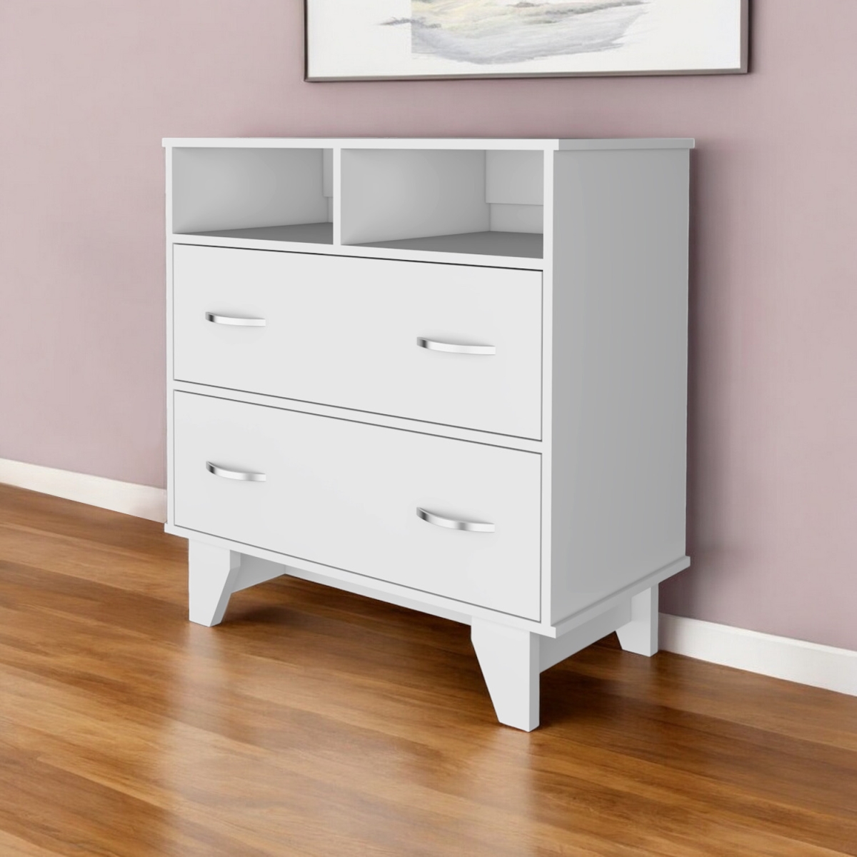 544030 32 in. White Two Drawer Dresser with Open Shelving