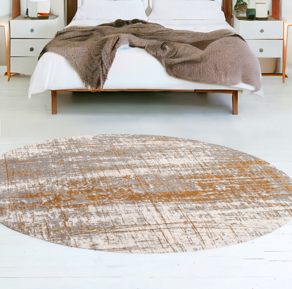 548395 8 ft. Gray & Gold Round Abstract Non Skid Machine Woven Area Rug