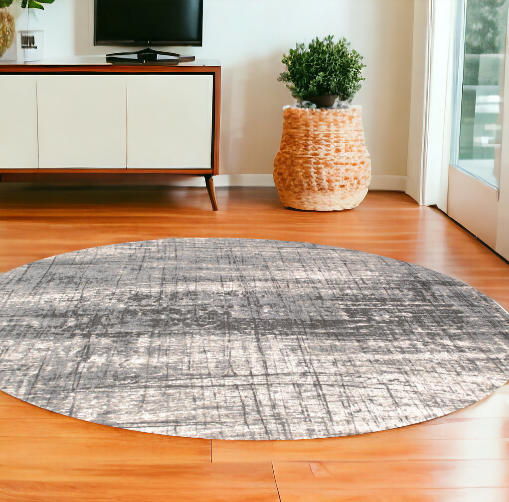 548403 8 ft. Gray & White Round Abstract Non Skid Machine Woven Area Rug