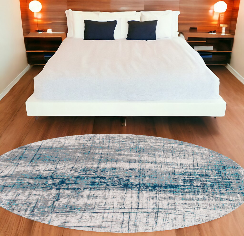 548411 8 ft. Blue & Gray Round Abstract Non Skid Machine Woven Area Rug