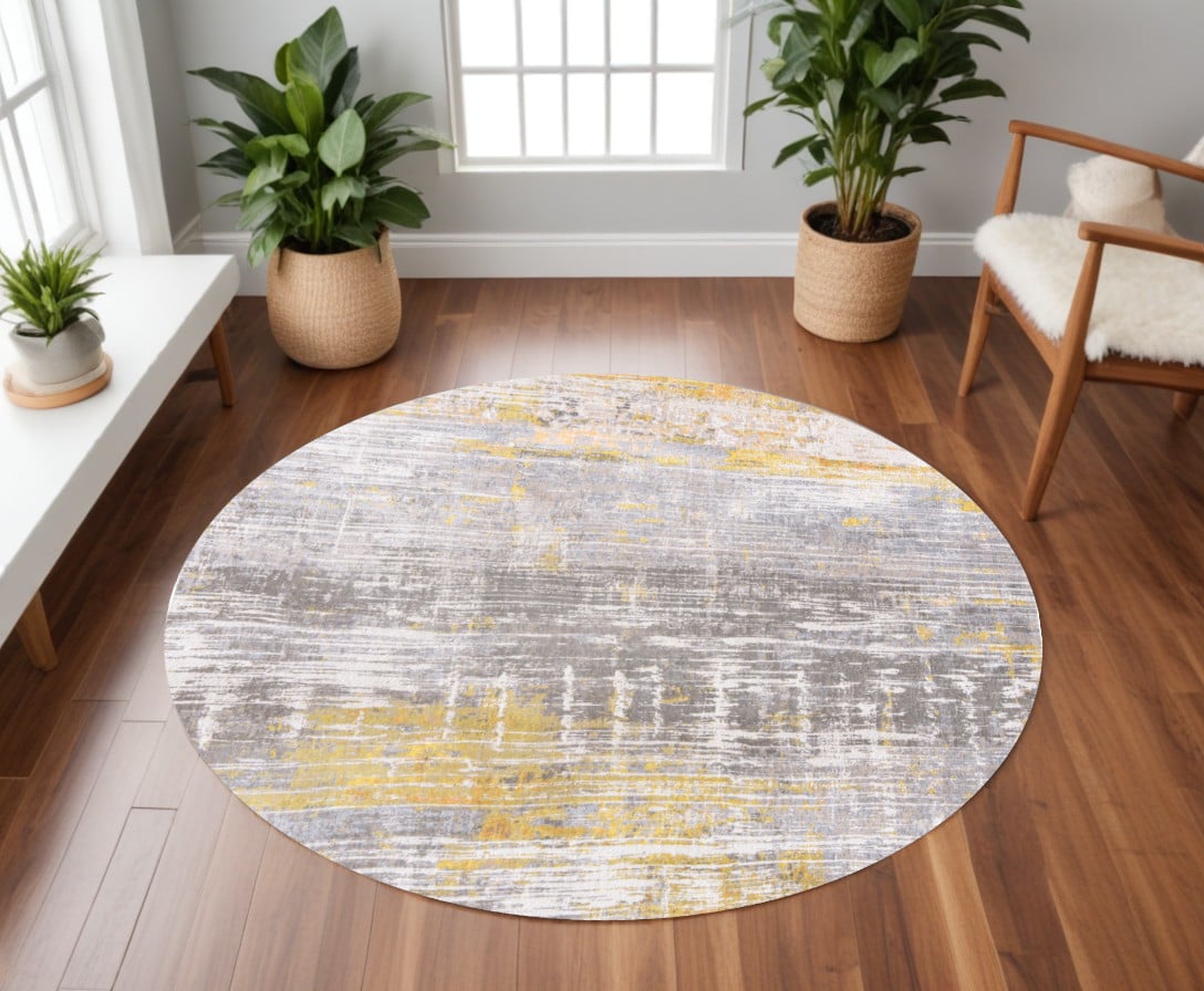 548487 8 ft. Gray & Yellow Round Abstract Non Skid Machine Woven Area Rug