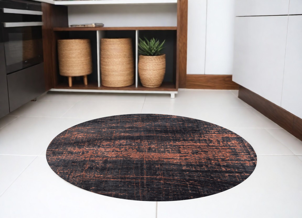 548546 5 ft. Black & Gold Round Abstract Non Skid Machine Woven Area Rug